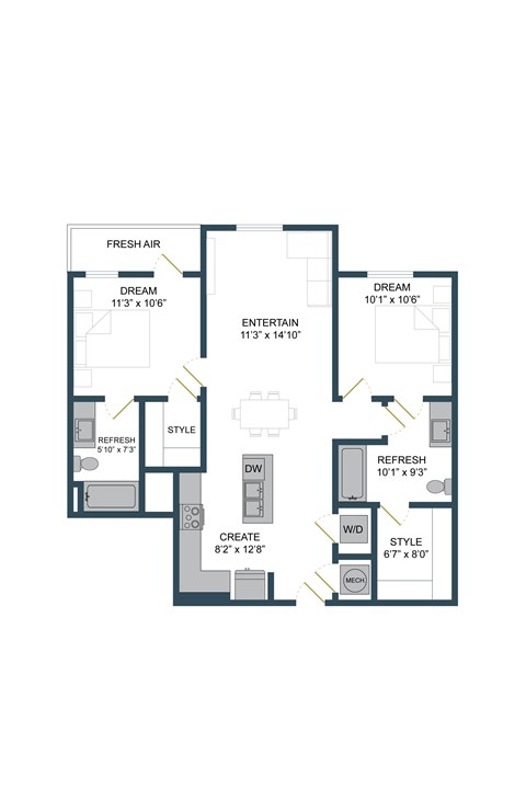 Floor plan for 2 beds, 2 baths, 990 sqft